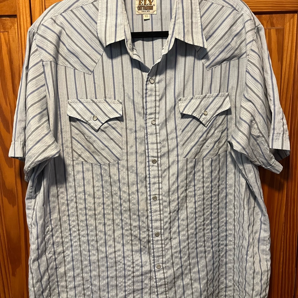 VINTAGE Ely Cattleman Blue Striped Short Sleeve Pearl Snap Shirt Size XL